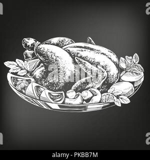 Roasted turkey, chicken,with ingredients hand drawn vector illustration sketch. chalk menu. retro style Stock Vector