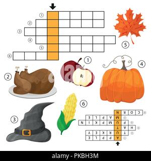 Learn English with an autumn crossword game for kids. Vector illustration Stock Vector