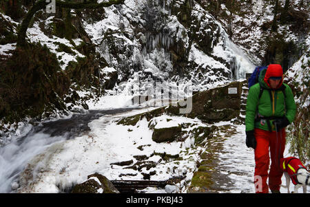 Ceunant Mawr Waterfall, Llanberis, Gwynedd. Near Snowdon and the Snowdon Mountain Railway. These frozen images taken on 2nd of March 2018. Stock Photo