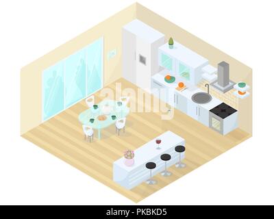 Kitchen dining room studio isometric vector illustration. Interior design with kitchen and dining furniture, stove, sink, exhaust fan. Stock Vector