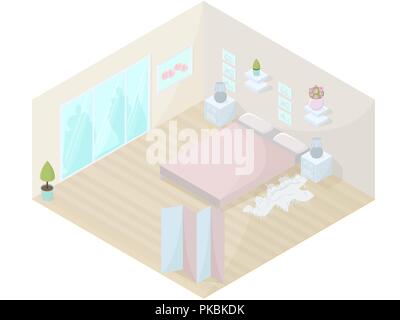 Bedroom isometric vector illustration. Interior design of bedroom with king size bed, night tables and large glass door. Stock Vector