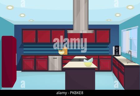 Kitchen furniture interior vector design. Vector illustration of kitchen working space with stove, fridge, dishwasher and exhaust fan. Stock Vector