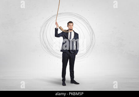 Burnout young elegant businessman trying to suicide with doodle concept ...