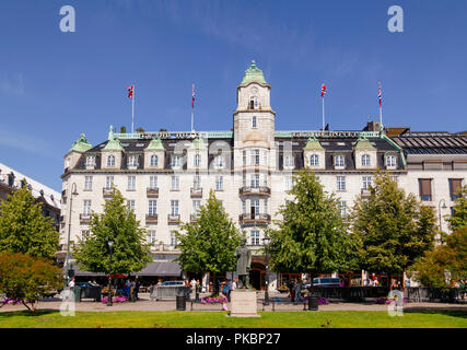 OSLO, NORWAY - JULY 12, 2018: Grand Hotel  on central Karl Johans gate street, best known as the annual venue of the winner of the Nobel Peace Prize Stock Photo