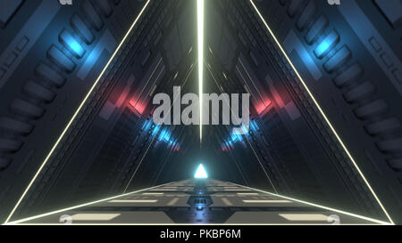 Futuristic triangle corridor with infra-red and ultraviolet lights. 3D rendering Stock Photo