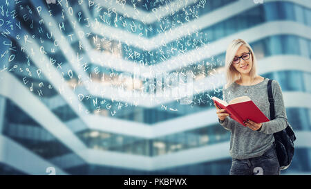 Young student female with a backpack and glasses reading a book imagine flying alphabet letters escape from pages. The magic of literature. Educationa Stock Photo