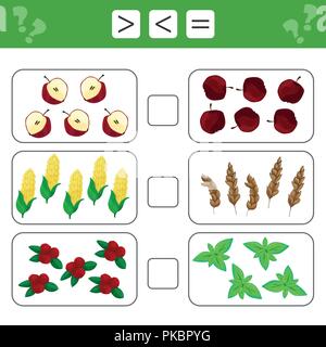 Learning mathematics, numbers - choose more, less or equal. Tasks for children Stock Vector