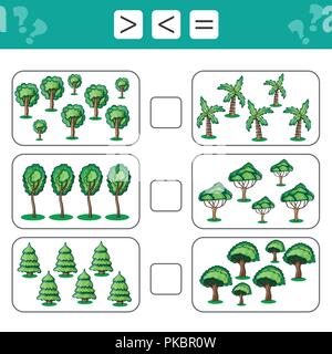 Learning mathematics, numbers - choose more, less or equal. Tasks for children Stock Vector