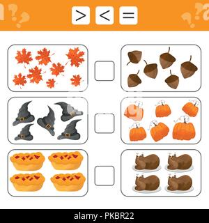 Learning mathematics, numbers - choose more, less or equal. Tasks for children Stock Vector