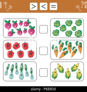 Learning mathematics, numbers - choose more, less or equal. Tasks for children Stock Vector
