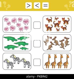 Learning mathematics, numbers - choose more, less or equal. Tasks for children Stock Vector