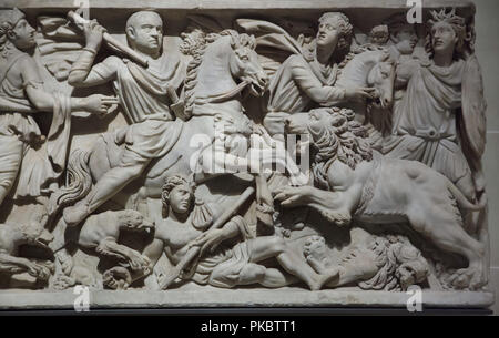 Lion Hunt depicted in the Roman marble sarcophagus dated from the first half of the 3rd century AD on display in the Louvre Museum in Paris, France. Stock Photo