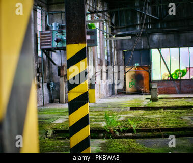 Abandoned train hangar with grass growing on top of the concrete. Stock Photo