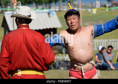 Mongolian wrestling competition near the Khovsgol Lake, Mongolia Stock Photo