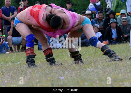 Mongolian wrestling competition near the Khovsgol Lake, Mongolia Stock Photo