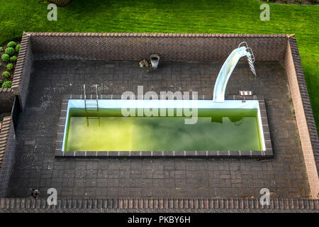 Swimming pool in a garden with green water and a slide surrounded by a brick wall Stock Photo