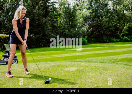 A female golfer lines up her driver to the golf ball as she sets up her shot on a tee; Edmonton, Alberta, Canada Stock Photo