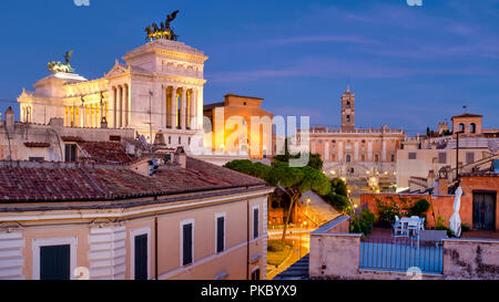 View of the monuments on Capitoline Hill (Altare della Patria on the left, Santa Maria in Ara Coeli in the middle, and Piazza del Campidoglio Stock Photo