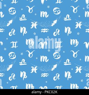 Vector Winter seamless pattern. Signs of the Zodiac white illustration isolated on blue background. Stock Vector
