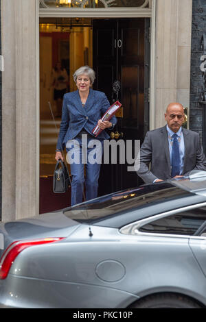 London, United Kingdom. 12th September 2018. Prime Minister Theresa May leaves 10 Downing Street bound for the House of Commons to attend Prime Ministers Questions. Credit: Peter Manning/Alamy Live News Stock Photo