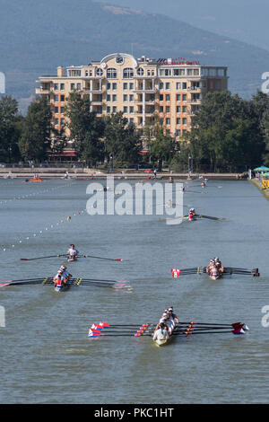 Plovdiv, Bulgaria, Wednesday, 12th September 2018. FISA, World Rowing Championships, Mixed Crews making their way to the start area,  © Peter SPURRIER, Credit: Peter SPURRIER/Alamy Live News Stock Photo