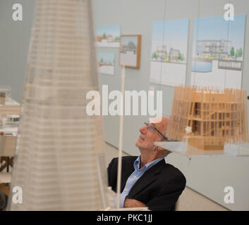 RA, Piccadilly, London, UK. 12 September, 2018. The Art of Making Buildings. The internationally acclaimed Architect Renzo Piano (designer of The Shard) opens an exhibition of his work at the Royal Academy. Centrepiece of the exhibition is a sculptural installation bringing together over 100 of Piano’s projects on an imaginary island. The exhibition runs from 15 September 2018 - 20 January 2019. Credit: Malcolm Park/Alamy Live News. Stock Photo