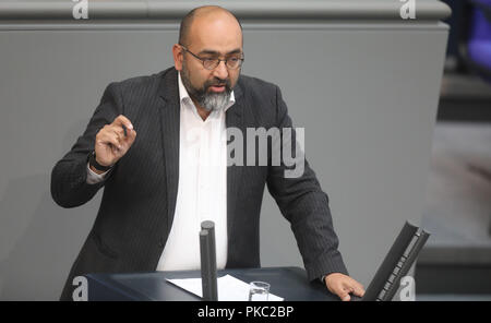 Berlin, Germany. 12th Sep, 2018. The member of parliament Omid Nouripour (Alliance 90/The Greens) speaks at the general debate in the German Bundestag. The main topic of the 48th session of the 19th legislative period is the draft of the Federal Budget 2019 submitted by the Federal Government and the Federal Finance Plan 2018 to 2022 with the general debate on the budget of the Federal Chancellery. Photo: Jörg Carstensen/dpa Stock Photo