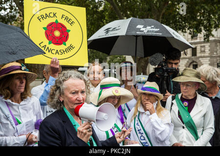 London, UK. 12th September, 2018. Baroness Jenny Jones of the Green Party addresses women from across the UK and their supporters at a 100Women rally in Parliament Square to honour the Suffragettes and to draw attention to the lack of democracy in overturning local votes against fracking. The rally was organised to coincide with a debate on fracking in Westminster Hall. Credit: Mark Kerrison/Alamy Live News Stock Photo