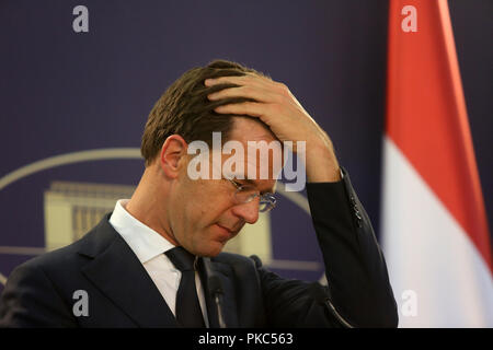 Bucharest, Romania - September 12, 2018: Dutch Prime Minister Mark Rutte, speaks during the joint press conference with his Romania counterpart Viorica Dancila at Victoria Palace in Bucharest. Credit: Gabriel Petrescu/Alamy Live News Stock Photo