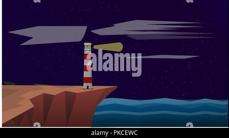 Lighthouse on the Sea at Night.Vector Illustration. Lighthouse Background. Stock Vector