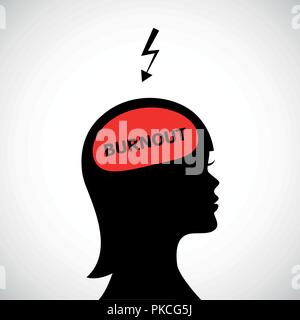 burnout in womans head silhouette concept of stress, headache, depression vector illustration Stock Vector