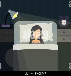 Sleepless Insomnia concept art. Tired woman on the bed can not sleep. Stress female character. Insomnious cartoon girl Stock Vector