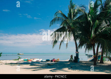 Multicoloured Rental Sea Kayaks on Tropical Beach on a Sunny Day Stock Photo