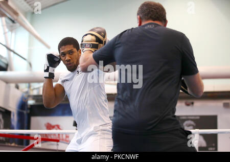 Anthony Joshua and Coach Robert McCracken during a media workout at The English Institute of Sport, Sheffield Stock Photo