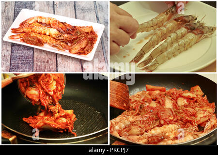 Homemade cooking,Korean food,Fried Baechu Kimchi with prawn,Peel shrimp shell Stock Photo