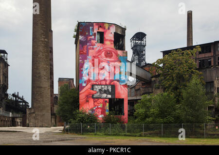 Headframe and coal mining buildings of the former Hlubina Mine (Důl Hlubina) in Lower Vítkovice (Dolní Vítkovice) industrial area in Ostrava, Czech Republic. Stock Photo