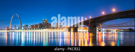 st. louis skyscraper at night with reflection in river,st. louis,missouri,usa. Stock Photo