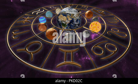 Mystic golden zodiac horoscope symbol with twelve planets in cosmic scene. 3D rendering Stock Photo