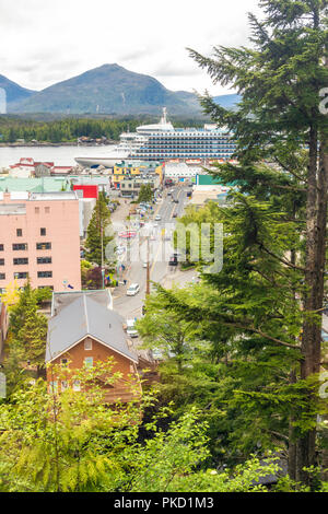 The view of the harbour from Cape Fox Lodge at the top of the Cape Fox Hill - Creek Street Funicular (known as 'the tram') in Ketchikan, Alaska USA Stock Photo