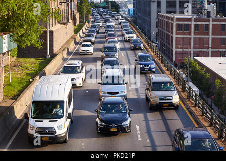 New York, USA - July 01, 2018: Traffic jam on the Brooklyn Queens Expressway (Interstate 278).