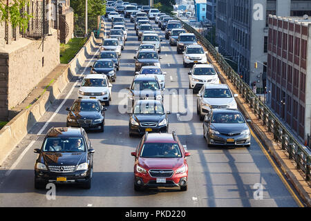 New York, USA - July 01, 2018: Traffic jam on the Brooklyn Queens Expressway (Interstate 278).