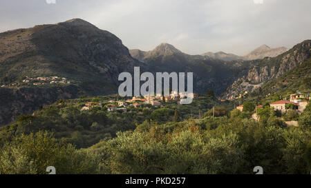 Chora and Tzeria villages viewed from Exohori village with Profitis Ilias mountain in the Taygetos range in the Mani Stock Photo