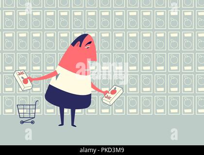 Cartoon man standing close to shelf and trying to choose the juice in the store. Stock Vector