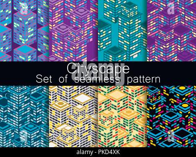 Cityscape seamless pattern set. Isometric city buildings, metropolis. Vector illustration Stock Vector