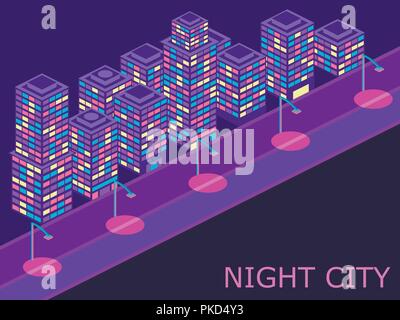 Urban landscape with isometric buildings lanterns and road. Violet color. Vector illustraion Stock Vector