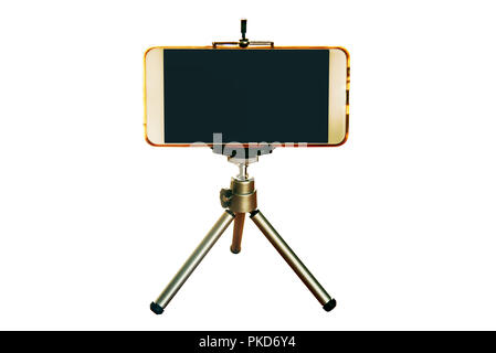 Smartphone on a tripod on white background with clipping path Stock Photo