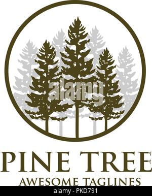 pine Tree outdoor travel green silhouette forest logo, natural pine tree badge abstract stem drawing vector illustration. creative pine tree silhouette Stock Vector