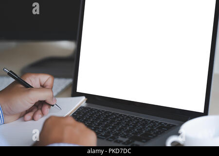 mock up Using laptop with blank screen computer modern Stock Photo
