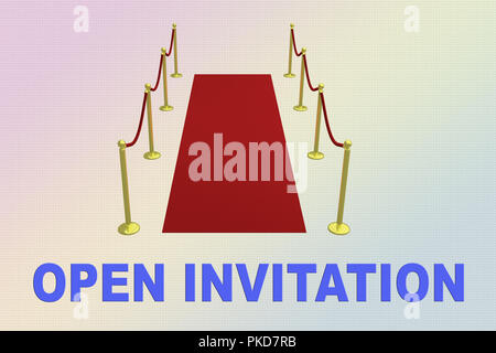 3D illustration of OPEN INVITATION title in front of a red carpet, isolated on  colorful background. Stock Photo