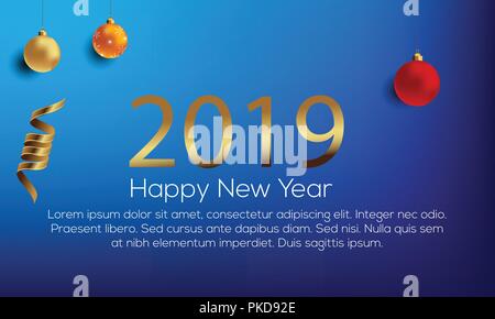 2019 hand written lettering with golden Christmas stars on a black background. Happy New Year card design. Vector illustration EPS 10 file. Stock Vector